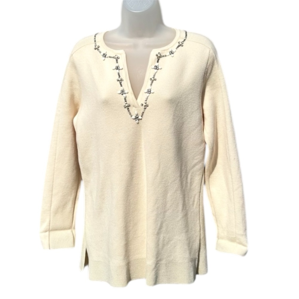 TORY BURCH Women Sz M Persia Cream Beaded‎ V-Neck Merino Wool KnitTunic Sweater.